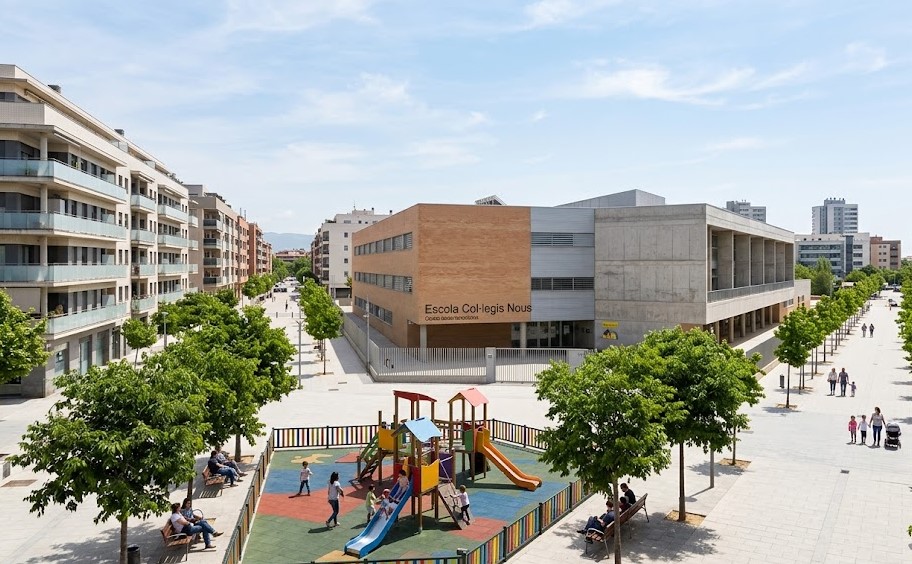 Vistas de los colegios, áreas peatonales y residenciales en el barrio de Col·legis Nous en Mollet del Vallès